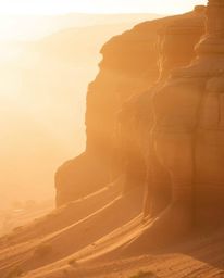 A soft, dreamy atmosphere envelops sandstone cliffs as they are bathed in the warm glow of golden hour light at sunset. The s