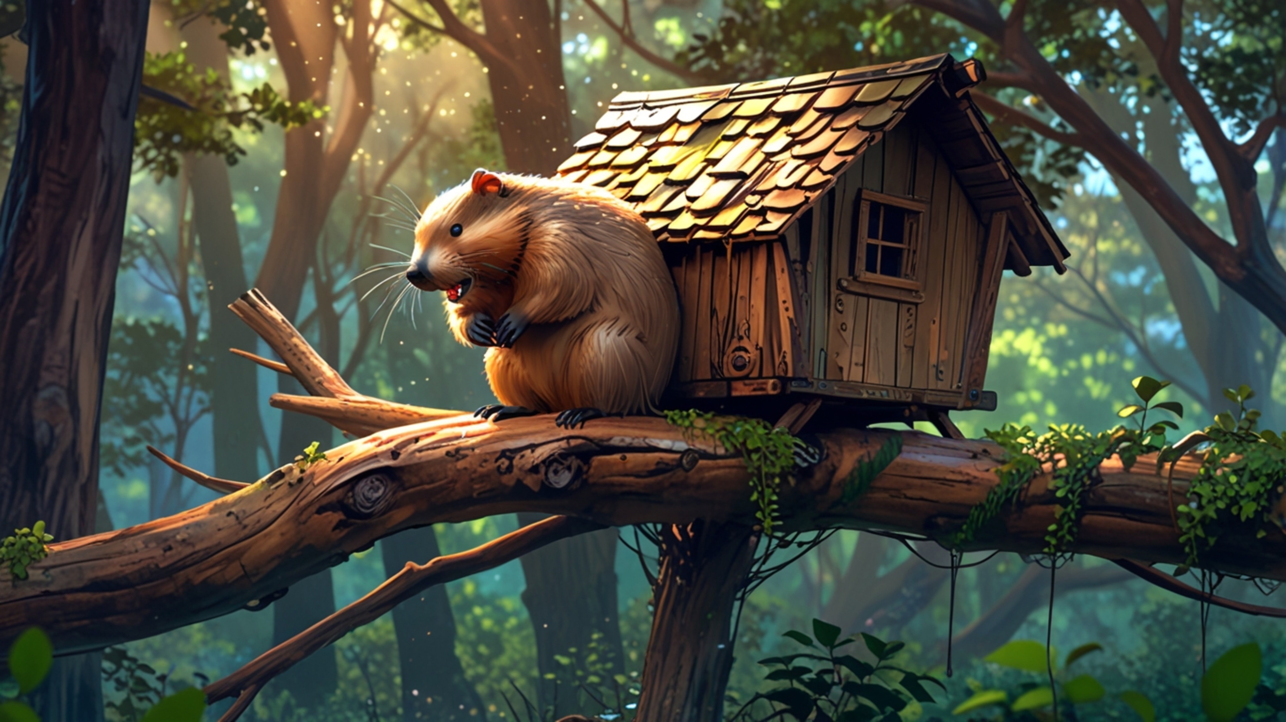 This charming image, rendered in a heartwarming style reminiscent of both Pixar and anime, depicts a beaver constructing the