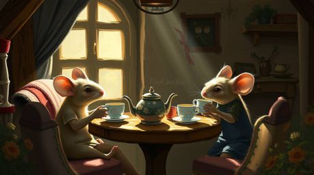 A captivating digital painting depicts anthropomorphic mice enjoying a tea party within a cozy cottage.  The scene is dramati