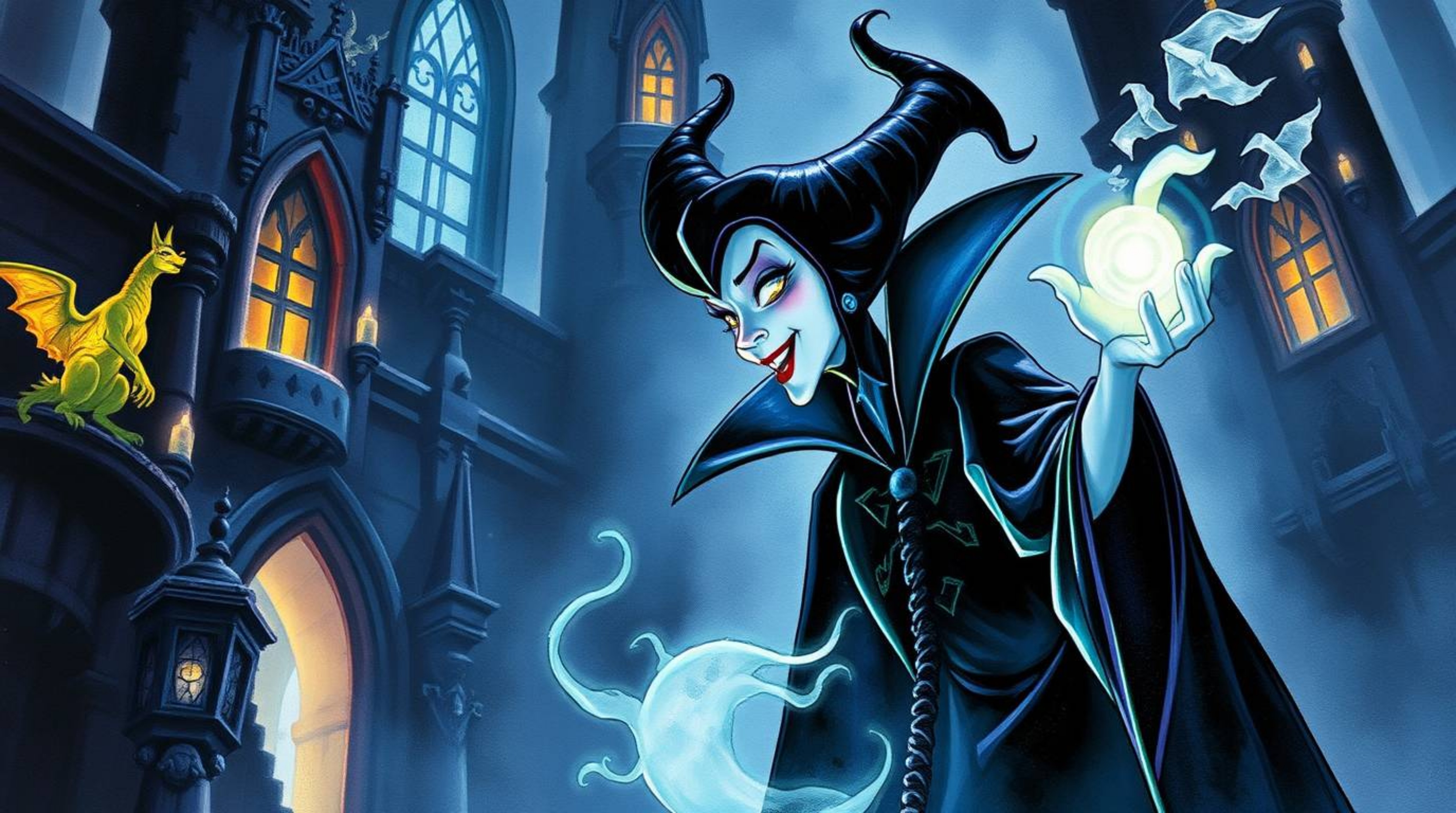 A classic Disney villain with ethereal features casts a spell in an ancient castle, brought to life through a delicate waterc