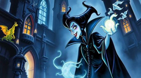 A classic Disney villain with ethereal features casts a spell in an ancient castle, brought to life through a delicate waterc