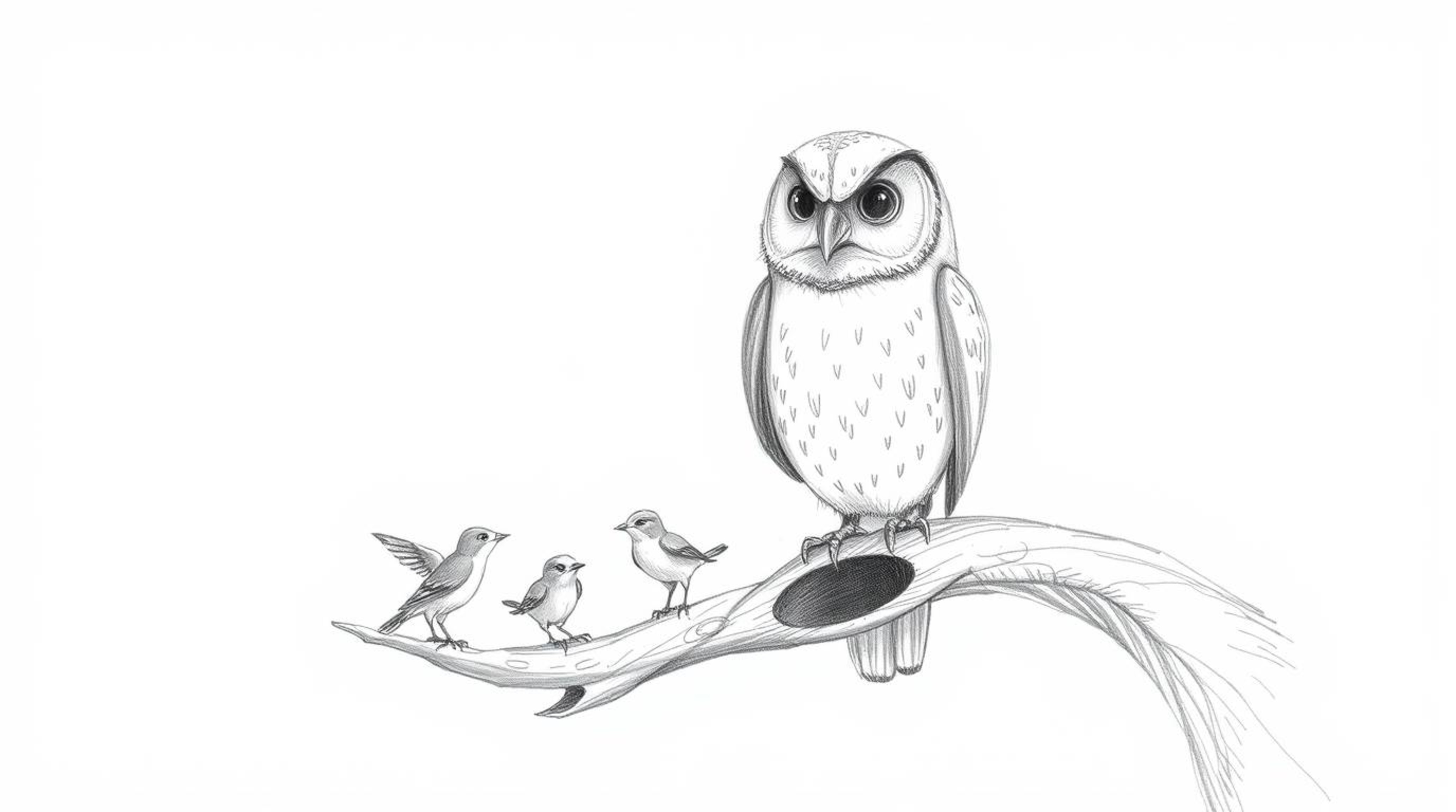 A heartwarming Pixar-style hand-drawn sketch depicts a blind owl with detailed, rough-textured pencil strokes, perched on a h