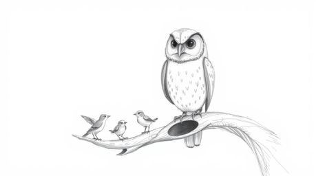 A heartwarming Pixar-style hand-drawn sketch depicts a blind owl with detailed, rough-textured pencil strokes, perched on a h