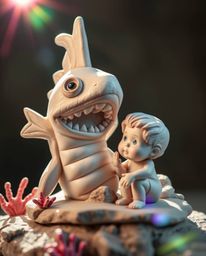 A captivating clay sculpture depicts a heartwarming scene of a sea creature and a child forming an unlikely friendship.  Mode