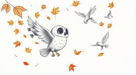 A heartwarming hand-drawn sketch in Pixar style depicts a blind owl with soft feathers and gentle eyes guiding a flock of bir