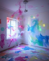 Explore the vibrant and captivating world of art where a room explodes with paint, delicate watercolor paintings meet biolumi