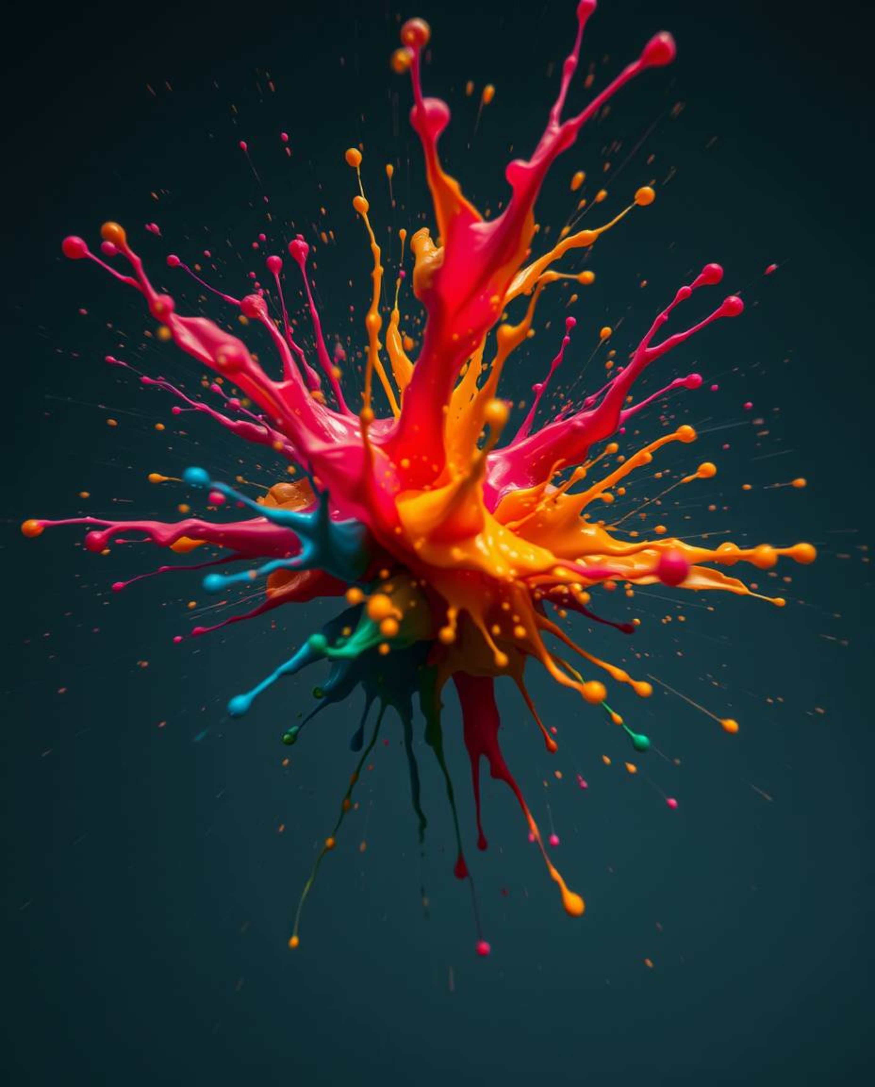 This stunning image captures a dynamic and moody colorful paint splash frozen mid-air using a high-speed camera. The surreal 
