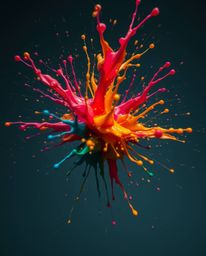 This stunning image captures a dynamic and moody colorful paint splash frozen mid-air using a high-speed camera. The surreal 