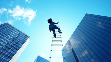 This image captures an abstract concept of success, depicting a businessperson ascending a transparent ladder that seems to v