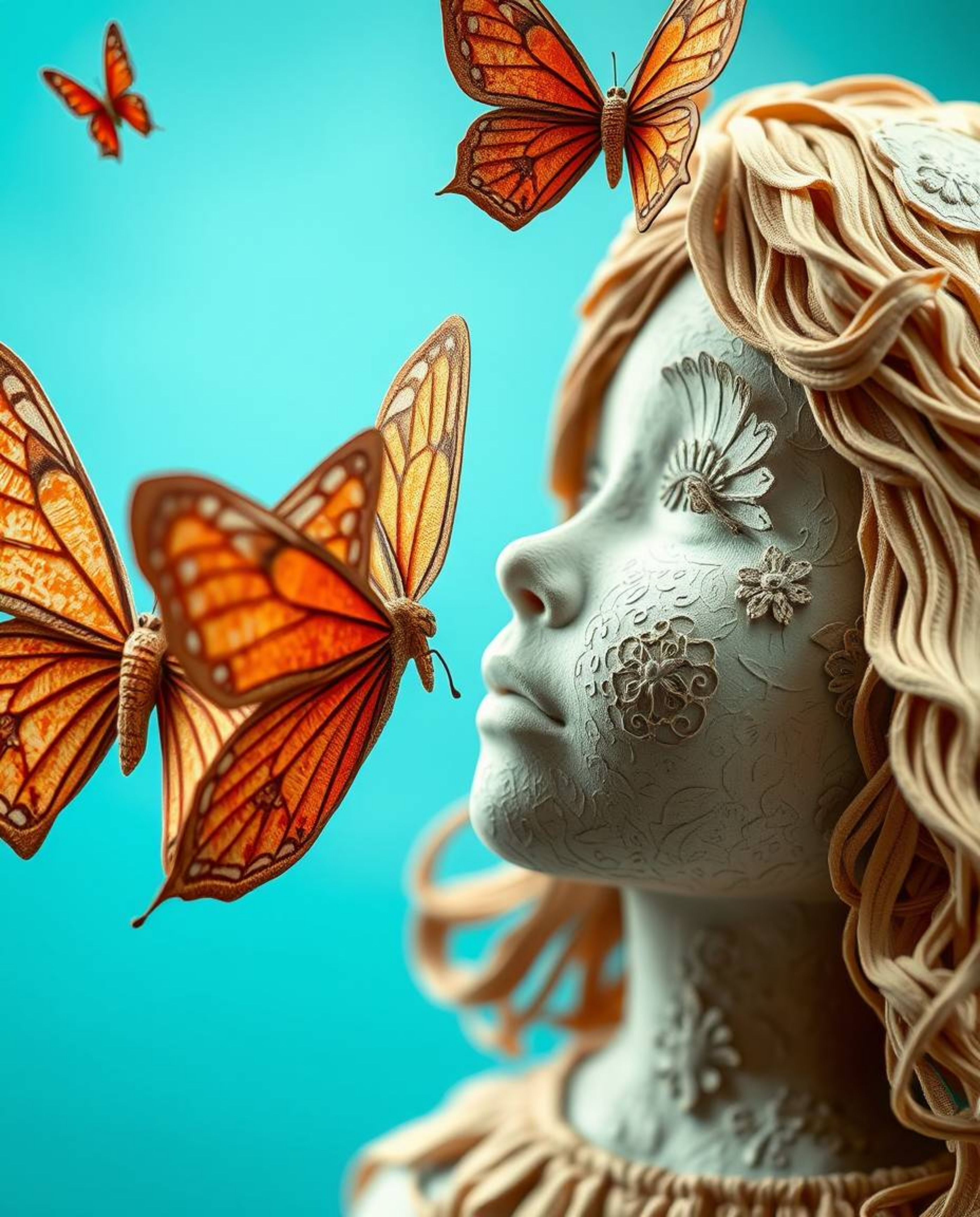 A captivating image of a sculpted girl crafted from textured papier-mâché, releasing delicate butterflies into the air. The i