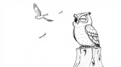 A charming, Pixar-style hand-drawn sketch depicts a blind owl with soft, downy feathers and a wide, cheerful smile, perched o