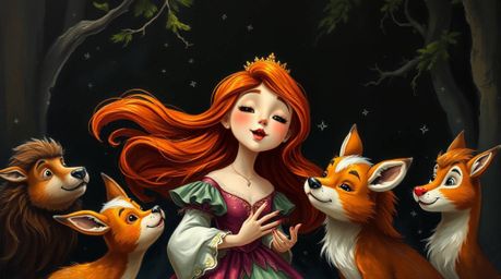 An intense jet black classic oil painting captures a princess with flowing auburn hair singing to a group of forest animals,