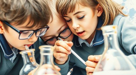 A delicate watercolor painting depicts a group of quirky children in school uniforms engrossed in conducting science experime