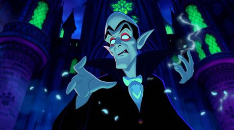 A classic Disney villain, with sharp features and pale skin, casts a spell within a gothic castle bathed in vibrant biolumine