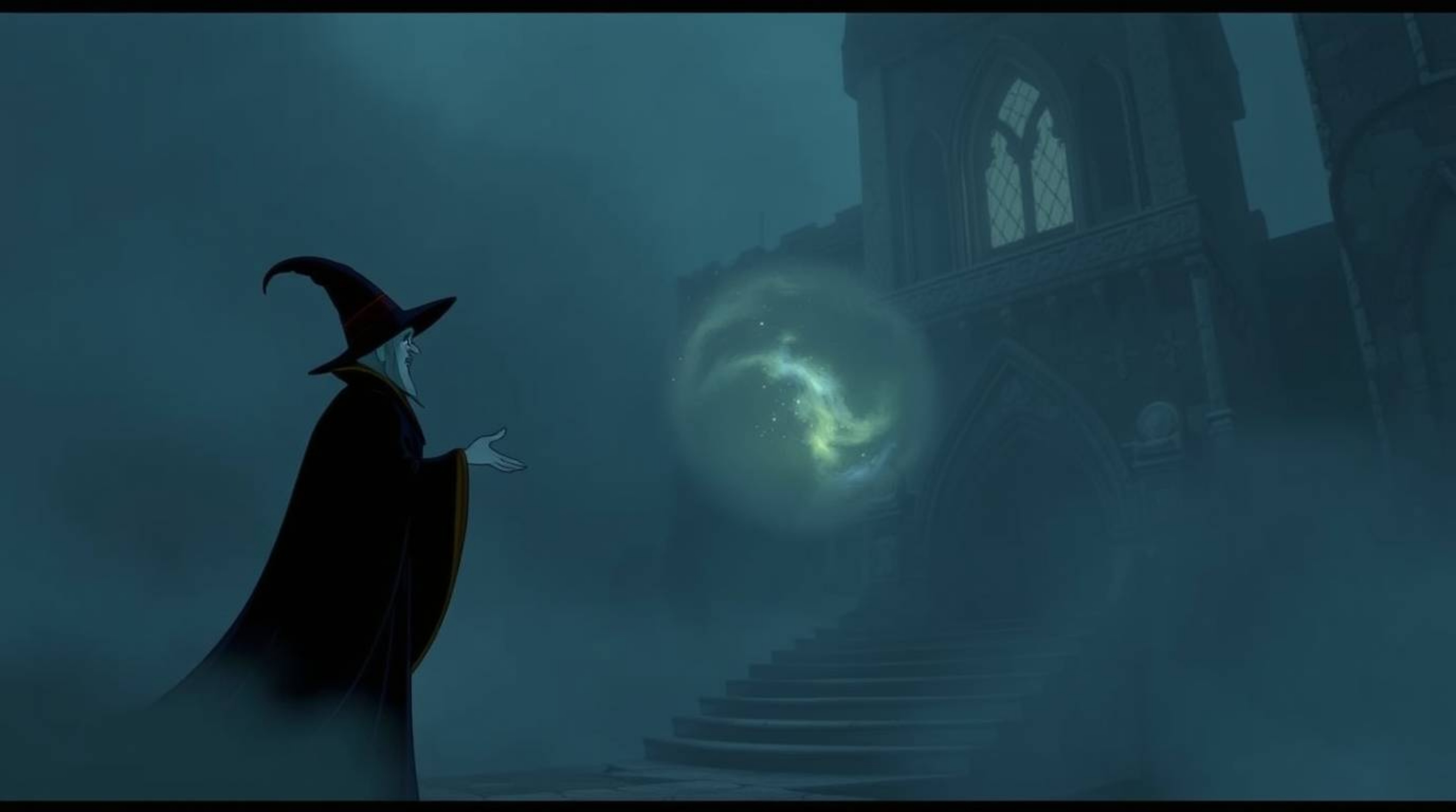 A classic Disney villain conjures a spell within the misty confines of an ancient castle.  The scene is shrouded in thick fog
