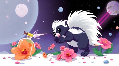 This artwork features a futuristic, sci-fi illustration of a cartoon skunk playfully spraying perfume onto vibrant flowers. I