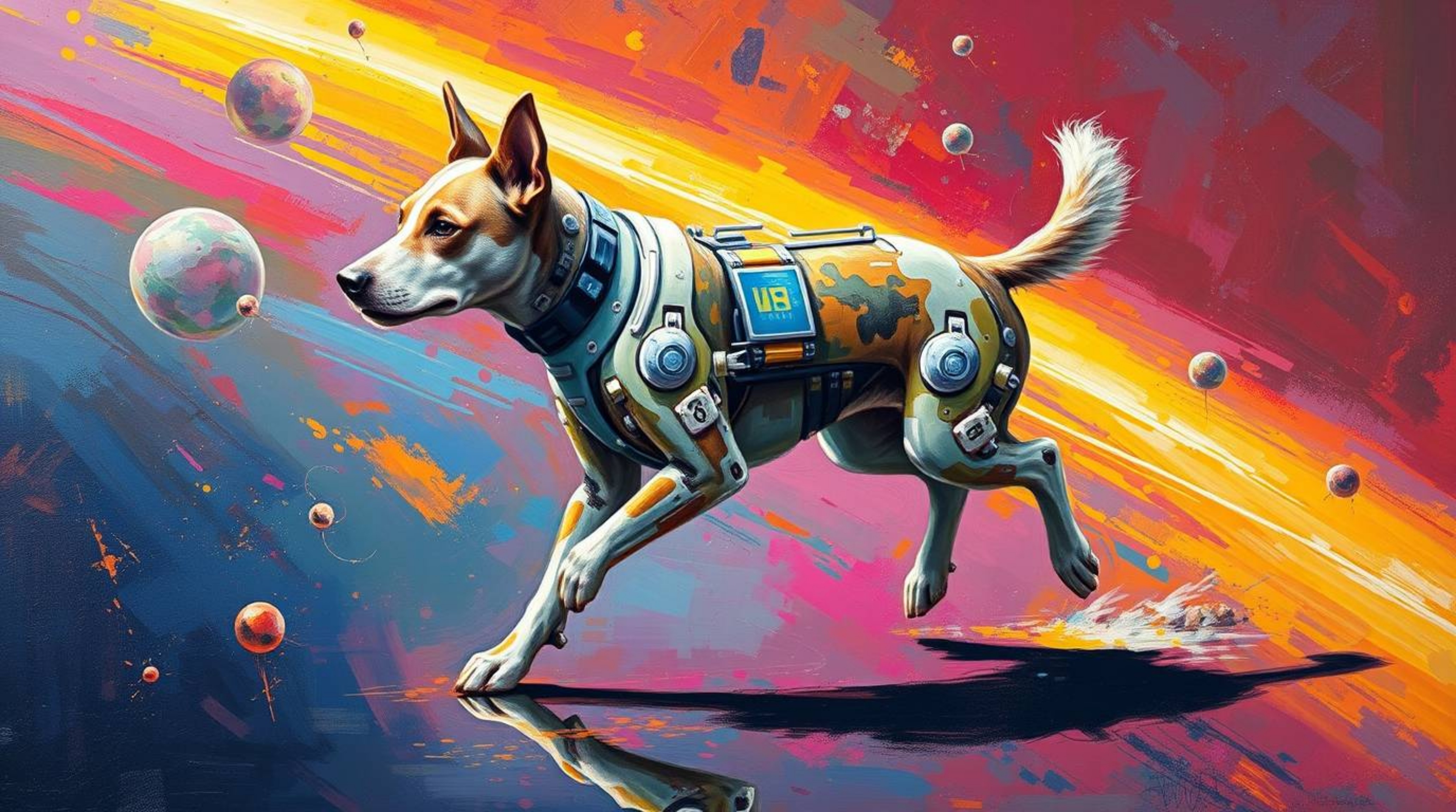 A captivating digital artwork depicts a futuristic dog strolling through the cosmos, rendered in the style of a classic oil p