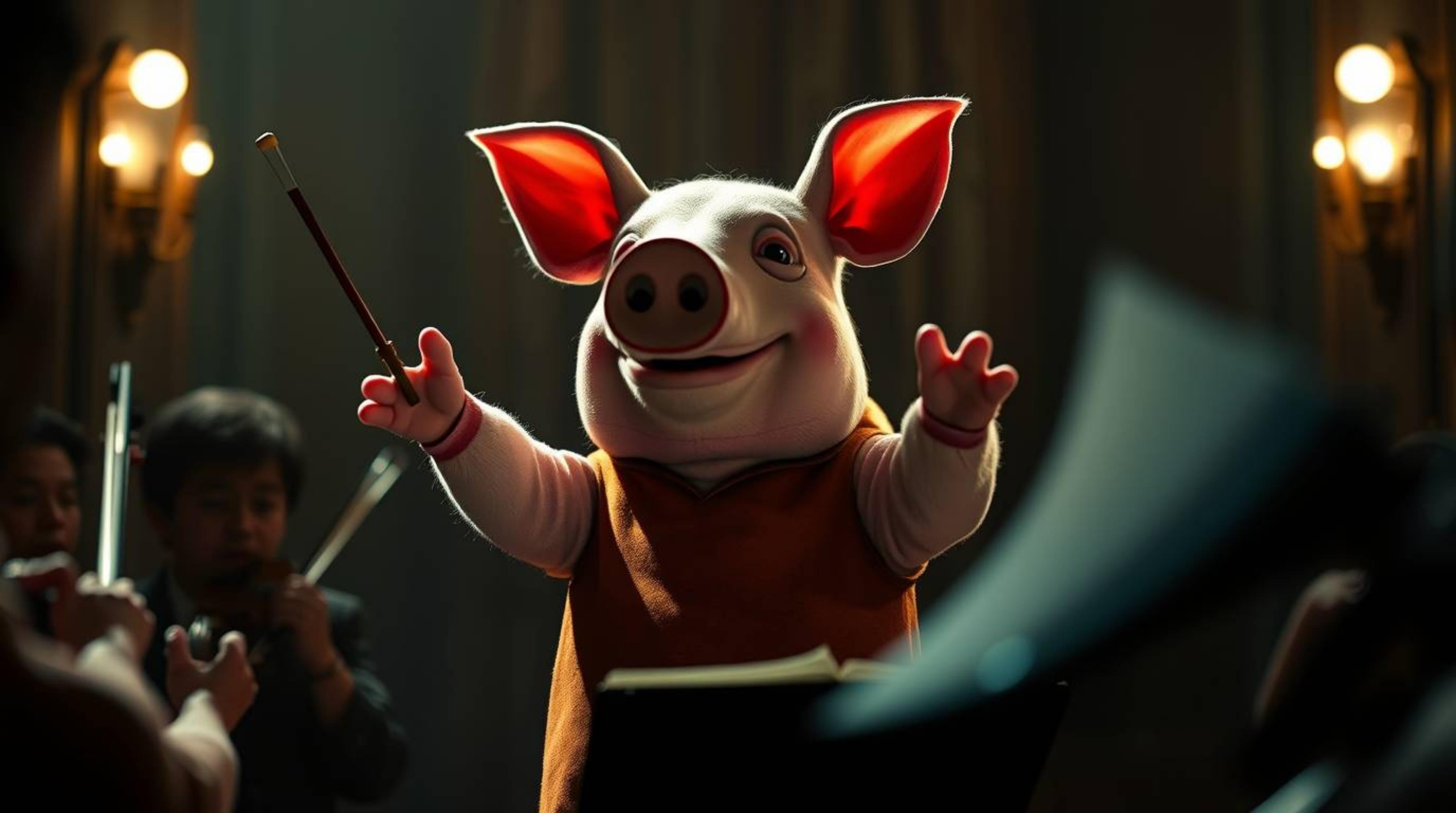 A captivating image depicts a pig character dramatically conducting an orchestra, bathed in striking chiaroscuro lighting. Th