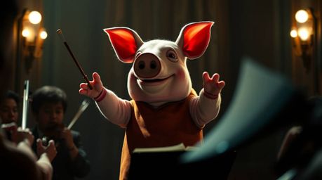 A captivating image depicts a pig character dramatically conducting an orchestra, bathed in striking chiaroscuro lighting. Th