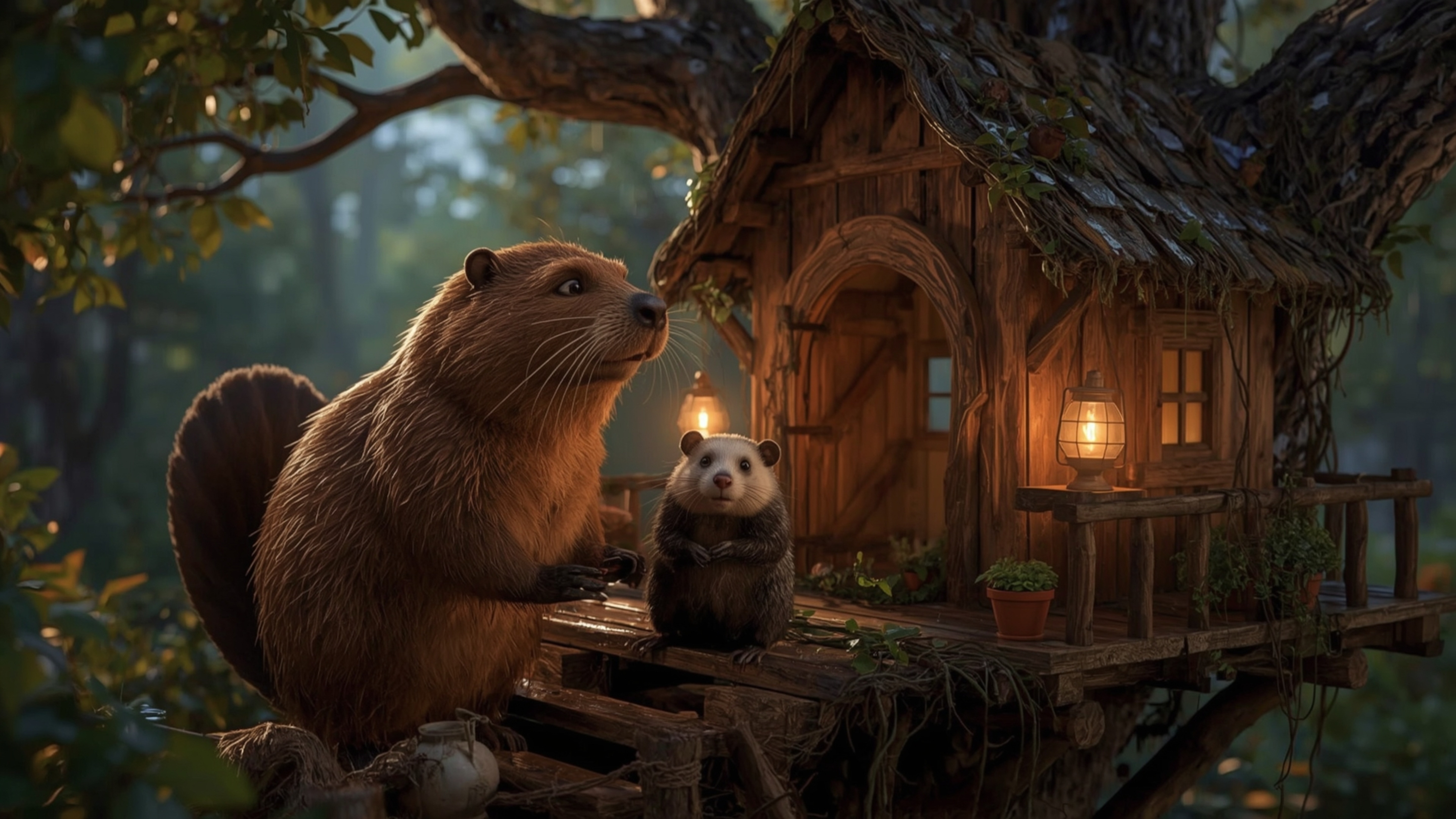 A high-resolution, commercially viable stock photo captures a meticulous and determined Pixar-inspired beaver building a stur