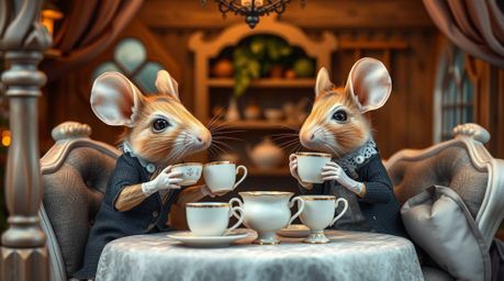 Discover a captivating high-resolution stock photo featuring elegant anthropomorphic mice enjoying a refined tea party in a c