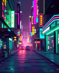 A captivating pixelated glitch art image depicting a cyberpunk street scene bathed in neon haze.  The aesthetic is graceful a