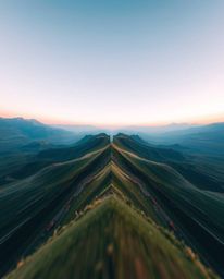 A captivating digital glitch landscape, viewed from a dramatic low-angle perspective, showcases a visually stunning scene of 