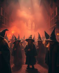 Discover a magical school brimming with young wizards, bathed in a warm, soft cinematic haze.  The dreamy atmosphere, featuri