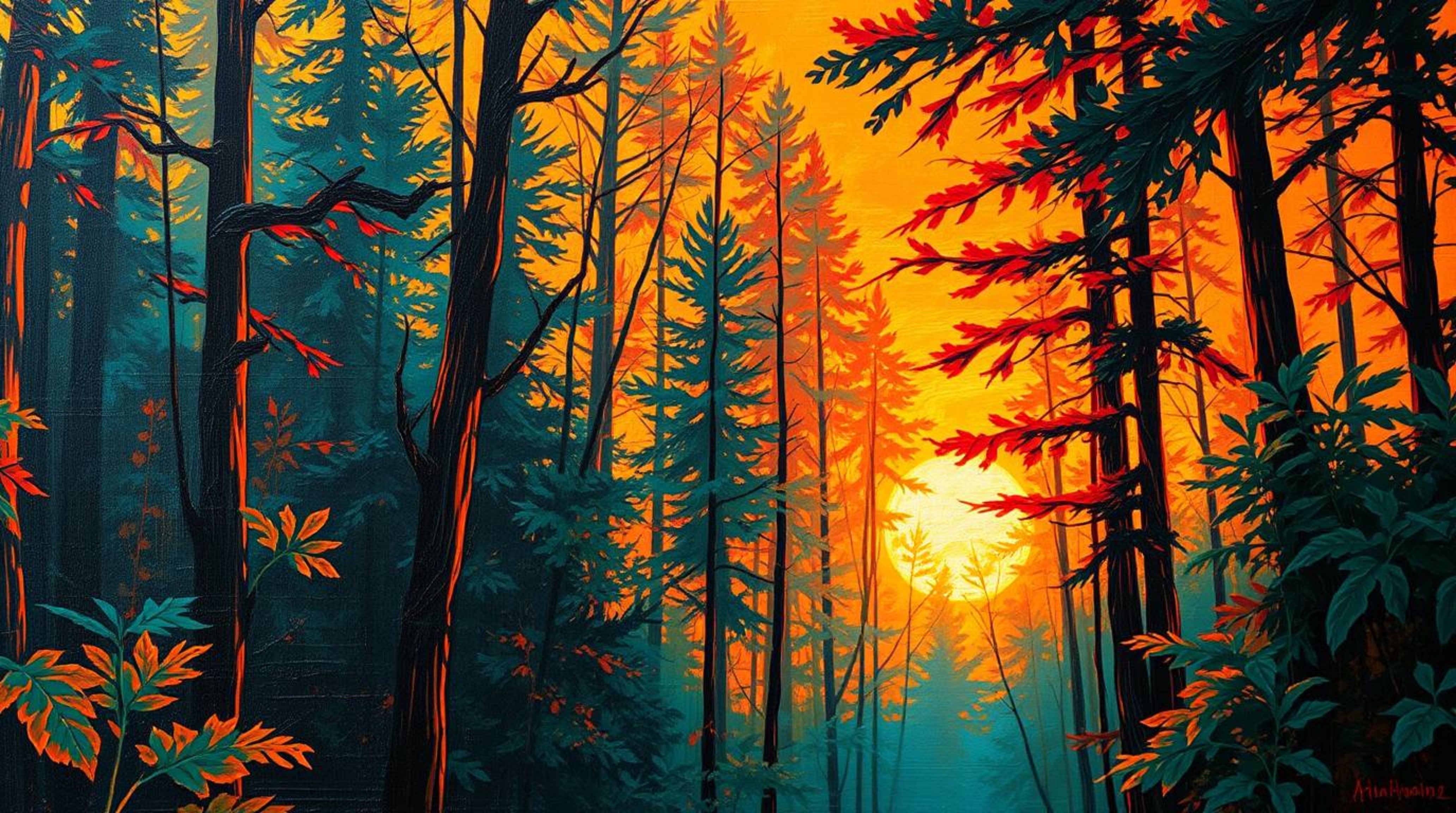 An extreme macro close-up of a bold acrylic painting depicting sunset light filtering through a dense forest.  The artwork fe