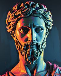 A bold acrylic painting depicts a classical sculpture infused with a vibrant glitch effect, creating a dark and eerie atmosph