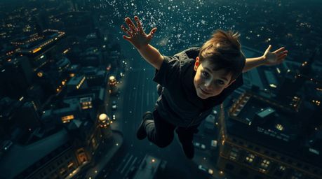 A dramatic, high-angle view of a young boy soaring above London with the aid of pixie dust. The scene is rendered in intense 