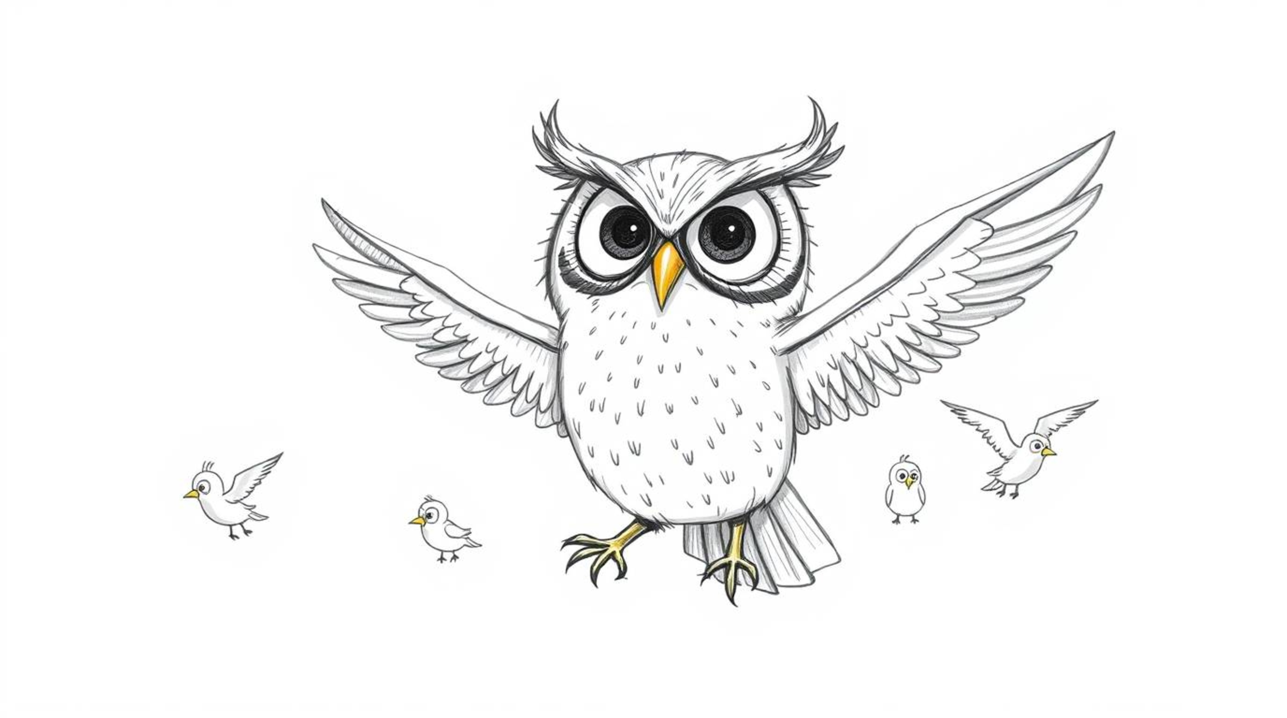 A heartwarming hand-drawn sketch in the style of Pixar depicts a blind owl teacher with expressive eyes guiding a classroom o