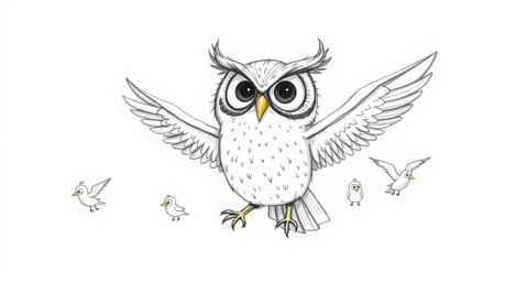 A heartwarming hand-drawn sketch in the style of Pixar depicts a blind owl teacher with expressive eyes guiding a classroom o
