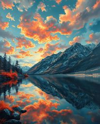 A classic oil painting captures the surreal, infrared reflections of fiery clouds in a mountain lake. The piece is characteri