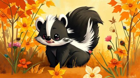 Explore a whimsical digital sketch of a cartoon skunk nestled among vibrant autumn flowers. This fantasy setting utilizes loo