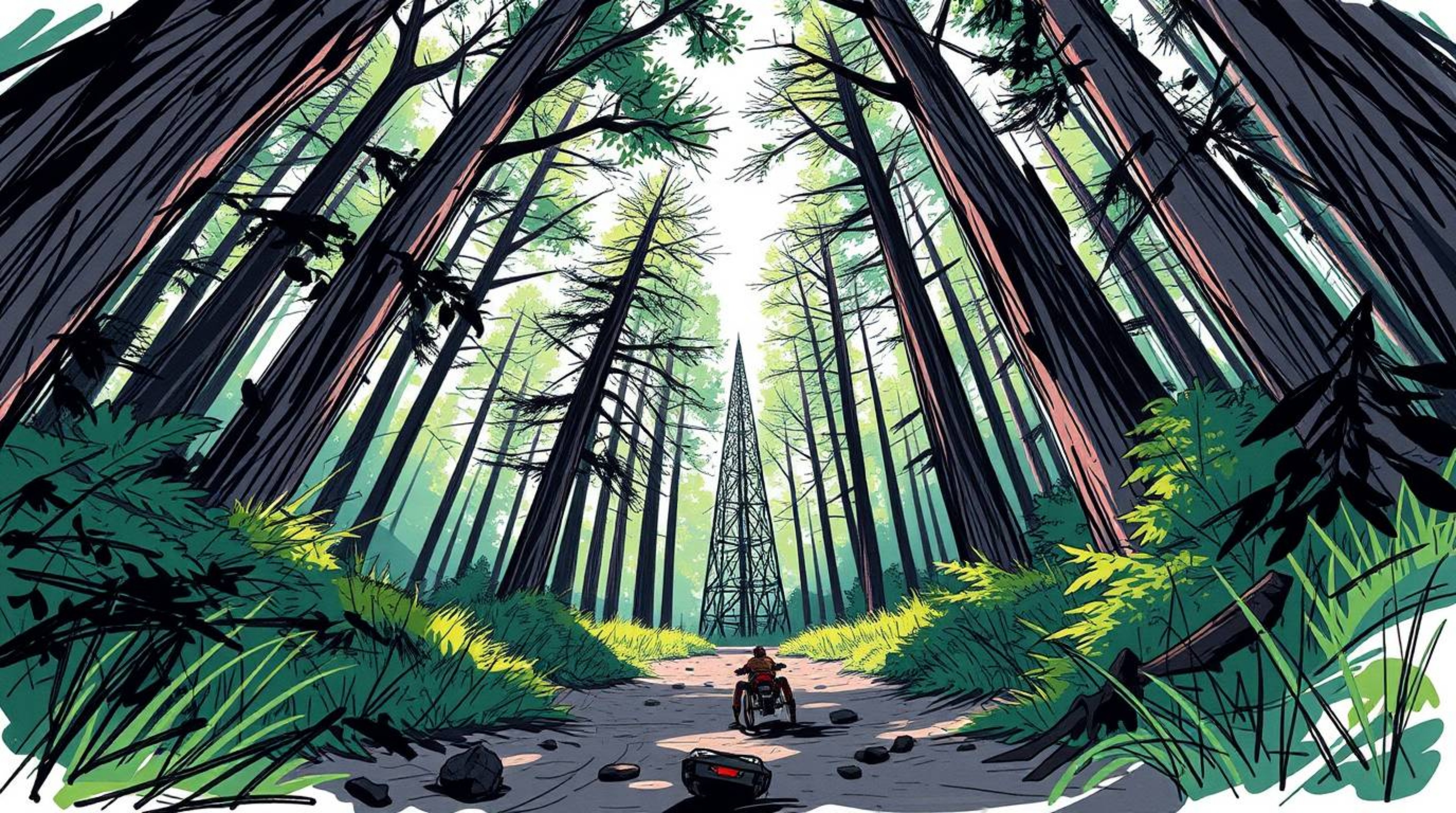 A captivating hand-drawn sketch depicts a thrilling chase scene through a mesmerizing looping forest.  Rendered in a vibrant 