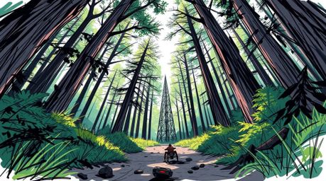 A captivating hand-drawn sketch depicts a thrilling chase scene through a mesmerizing looping forest.  Rendered in a vibrant 