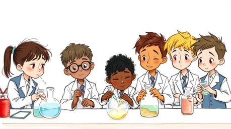 This illustration captures a group of quirky children in school uniforms excitedly conducting science experiments in a soft, 