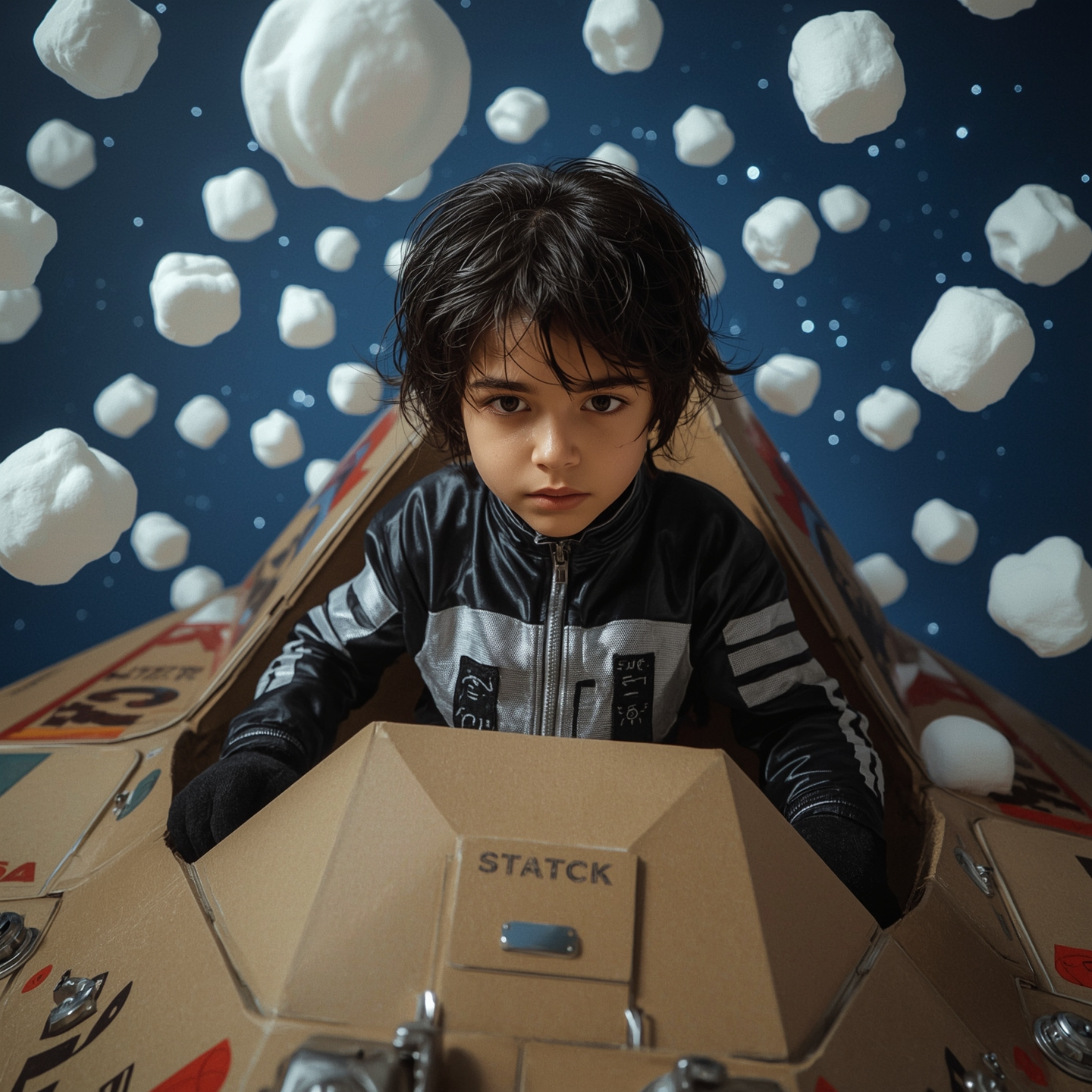Exquisite high-fashion photography captures a young boy with curious eyes, dressed in a sleek spacesuit, piloting a magnifice