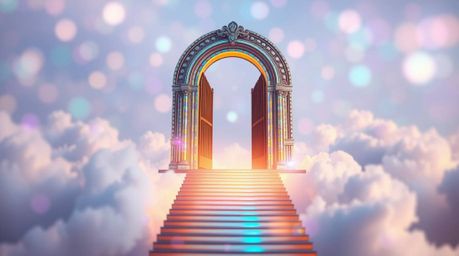 A breathtaking scene of iridescent colors blending with a soft, blurred bokeh effect showcases a heavenly gate suspended abov