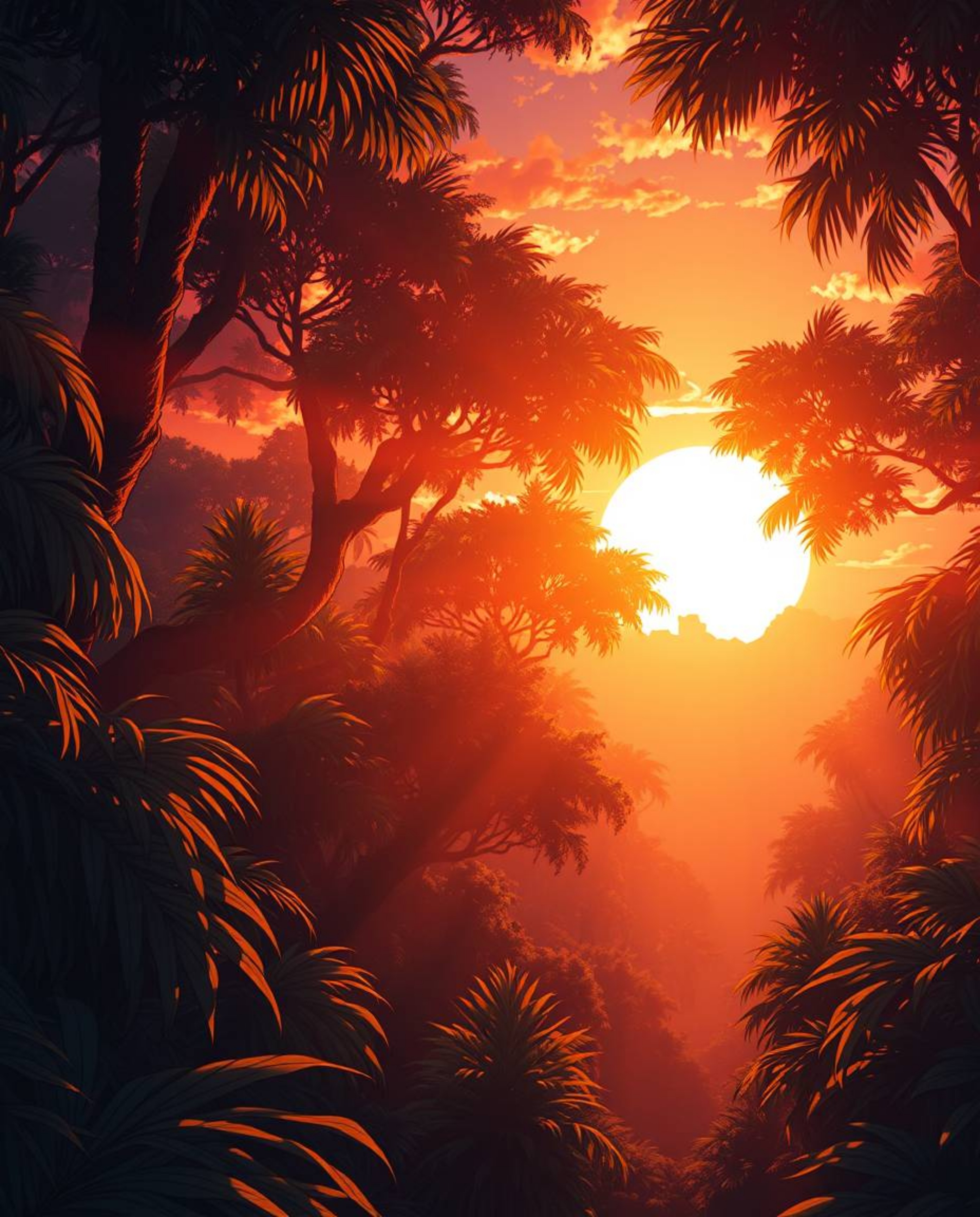 Experience the enchanting beauty of an Isekai anime-style illustration capturing a serene sunset viewed through a dense jungl