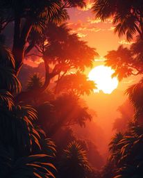 Experience the enchanting beauty of an Isekai anime-style illustration capturing a serene sunset viewed through a dense jungl