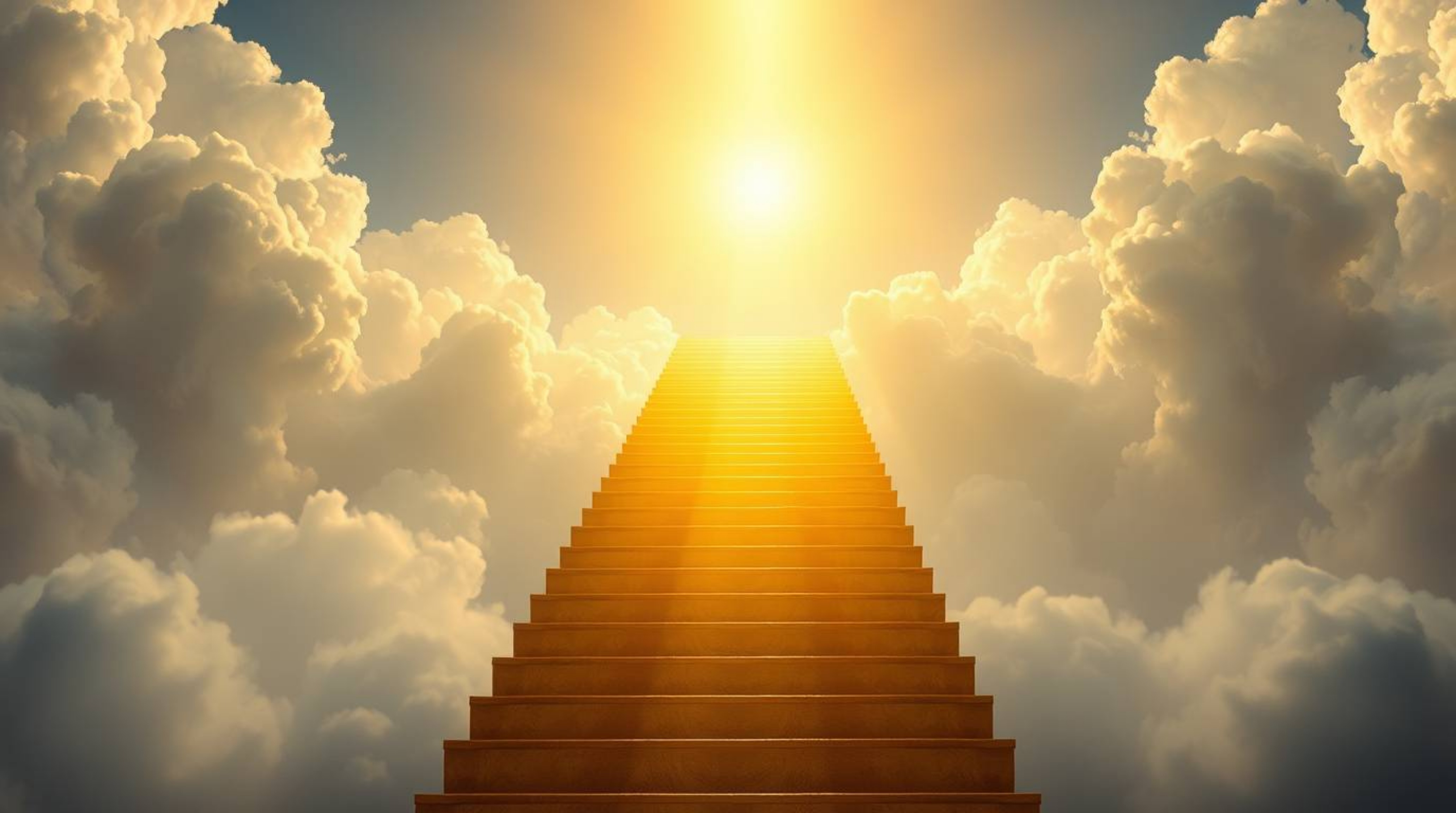 A breathtaking image depicting a golden staircase ascending through ethereal clouds towards a glowing heaven.  The scene is i