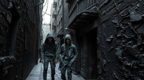 Discover a captivating 3D sculpture of rebellious teens in a grungy city alley, crafted from intensely layered jet black papi