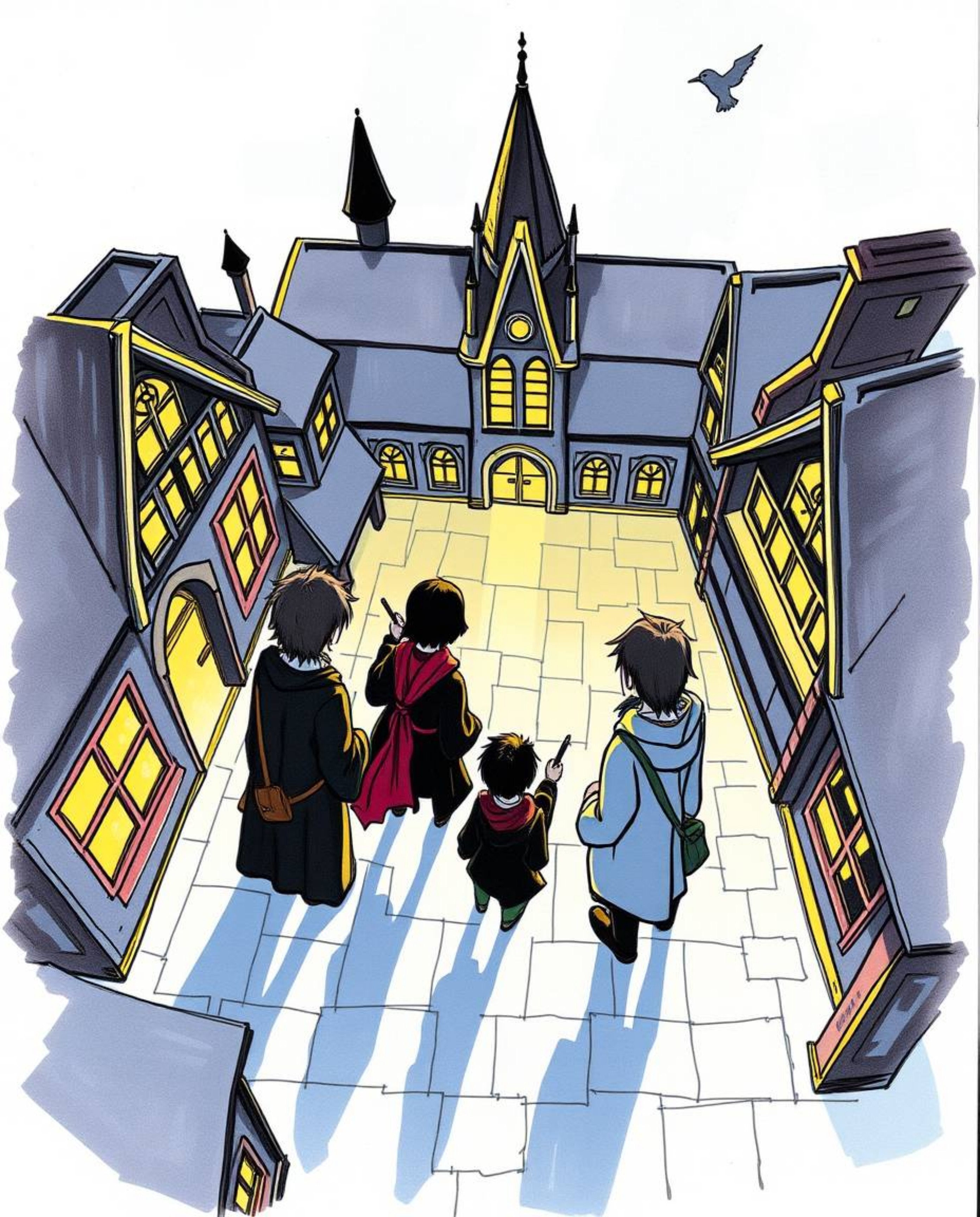 A captivating hand-drawn sketchnote depicts a bird's-eye view of silhouetted young wizards at a magical school.  The backligh