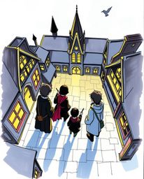 A captivating hand-drawn sketchnote depicts a bird's-eye view of silhouetted young wizards at a magical school.  The backligh