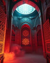 Explore the mesmerizing beauty of Islamic geometric patterns meticulously carved in stone, brought to life with electric, viv