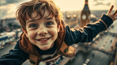 A captivating low-angle shot featuring a young boy with charming freckles and a mischievous grin, soaring through the air abo