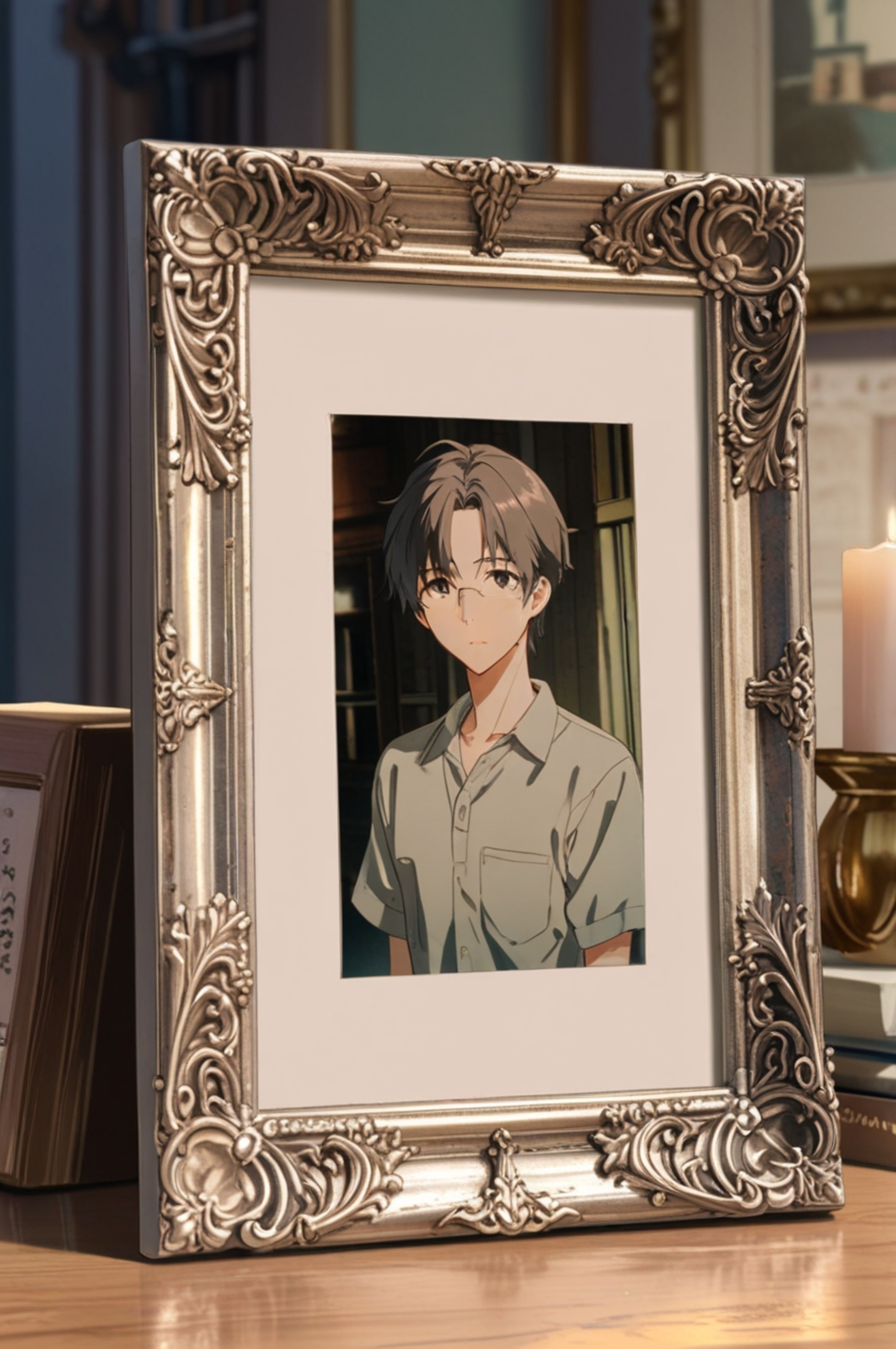 A captivating scene featuring an ornate silver frame cradling a vintage photograph, thoughtfully positioned on a table alongs