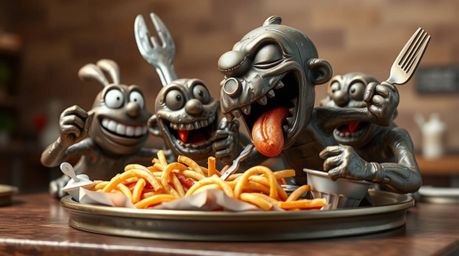 A captivating digital rendering depicts a cartoon cafeteria food fight, meticulously sculpted from cast bronze. The artwork f